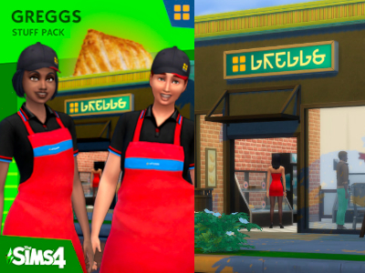 Fake Greggs Stuff Pack image. It has the Greggs sign, and two people in the Greggs apron and uniforms.