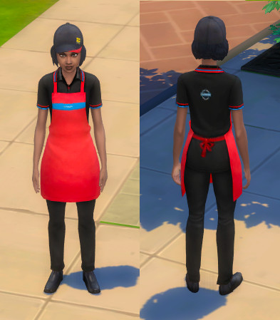 Front and back of the feminine uniform. The uniform is black polo and trousers with a bright red apron. There is a hat that has the Greggs yellow squares logo.
