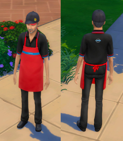 Front and back of the masculine uniform. The uniform is black polo and trousers with a bright red apron. There is a hat that has the Greggs yellow squares logo.